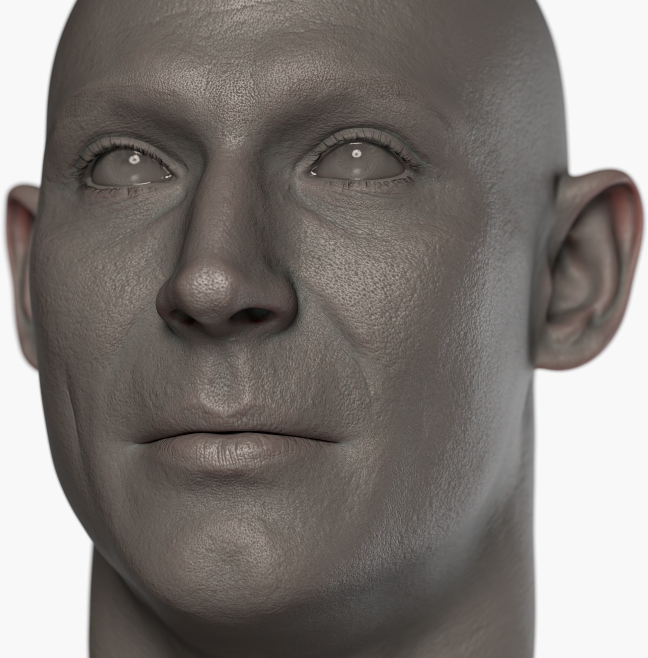 Clay render of a lean male 3D head scan showing skin pore-level surface detail and sculpt quality in grey shading